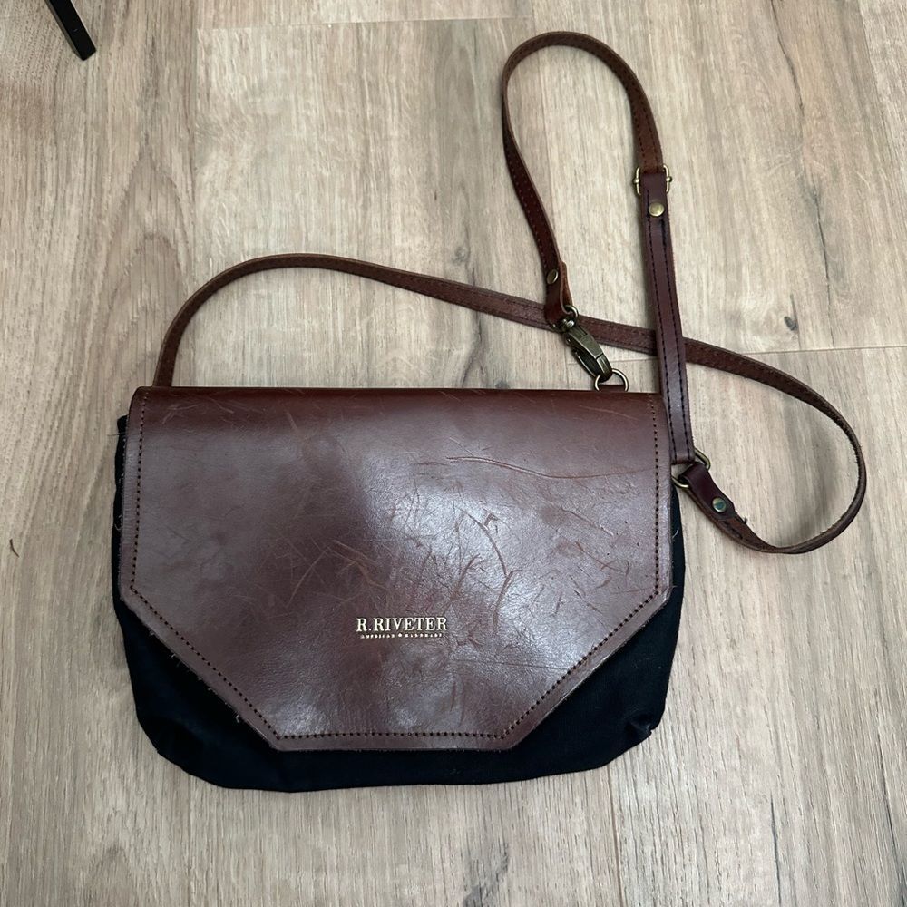 R. Riveter Leather & Navy Black Canvas Patton Crossbody Purse